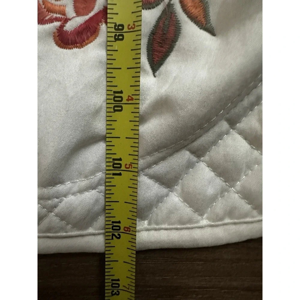 Queen/king quilted coverlet, 86 x 102 white, red floral embroidery Lightweight